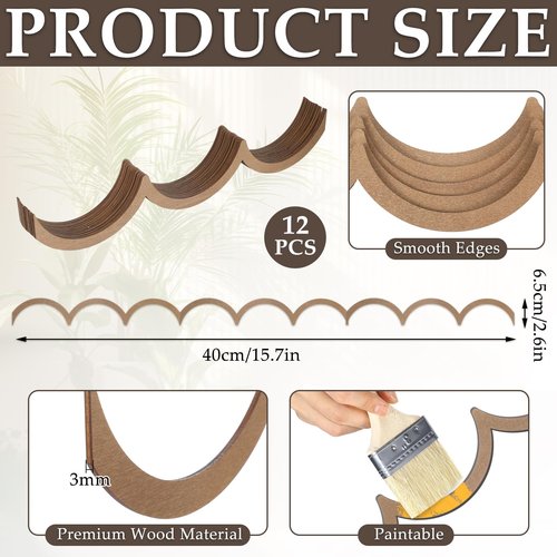 Ripeng 12 Pcs Unfinished Scalloped Decorative Wood Trim 15.75 x 2.9 Inch Scalloped Wood Molding Cute DIY Moulding Trim for Home Wall Cabinet Shelf Window Door