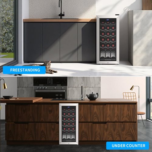 Tecnolove 18 Bottle Wine Cooler with 41-68℉ Digital Temperature Control Stainless Steel 1.7 Cu.Ft LED Light undercounter Glass Door Compressor Small Compact for Red, White and Champagne Beer
