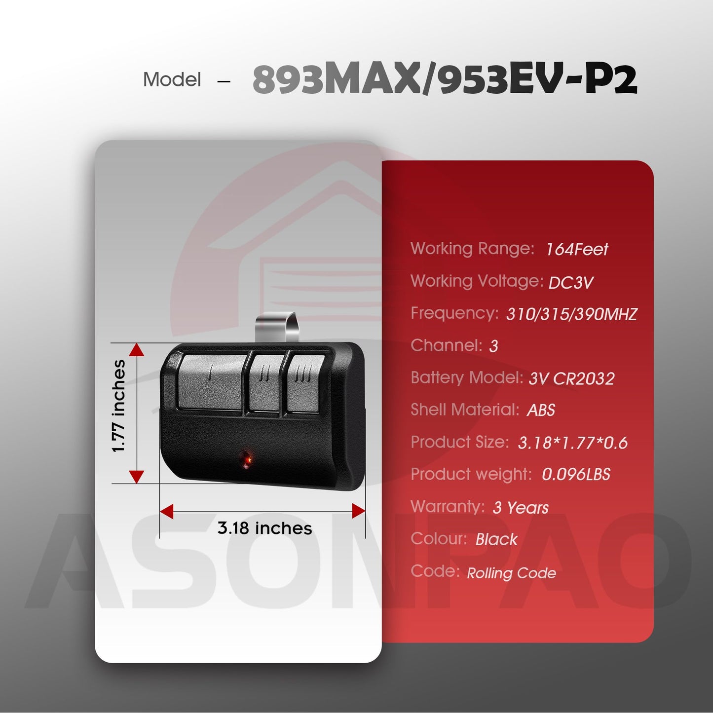 ASONPAO 2-Pack for Chamberlain 953EV-P2 953ESTD Universal Garage Door Opener Remote FCC Certified 3-Year Warranty