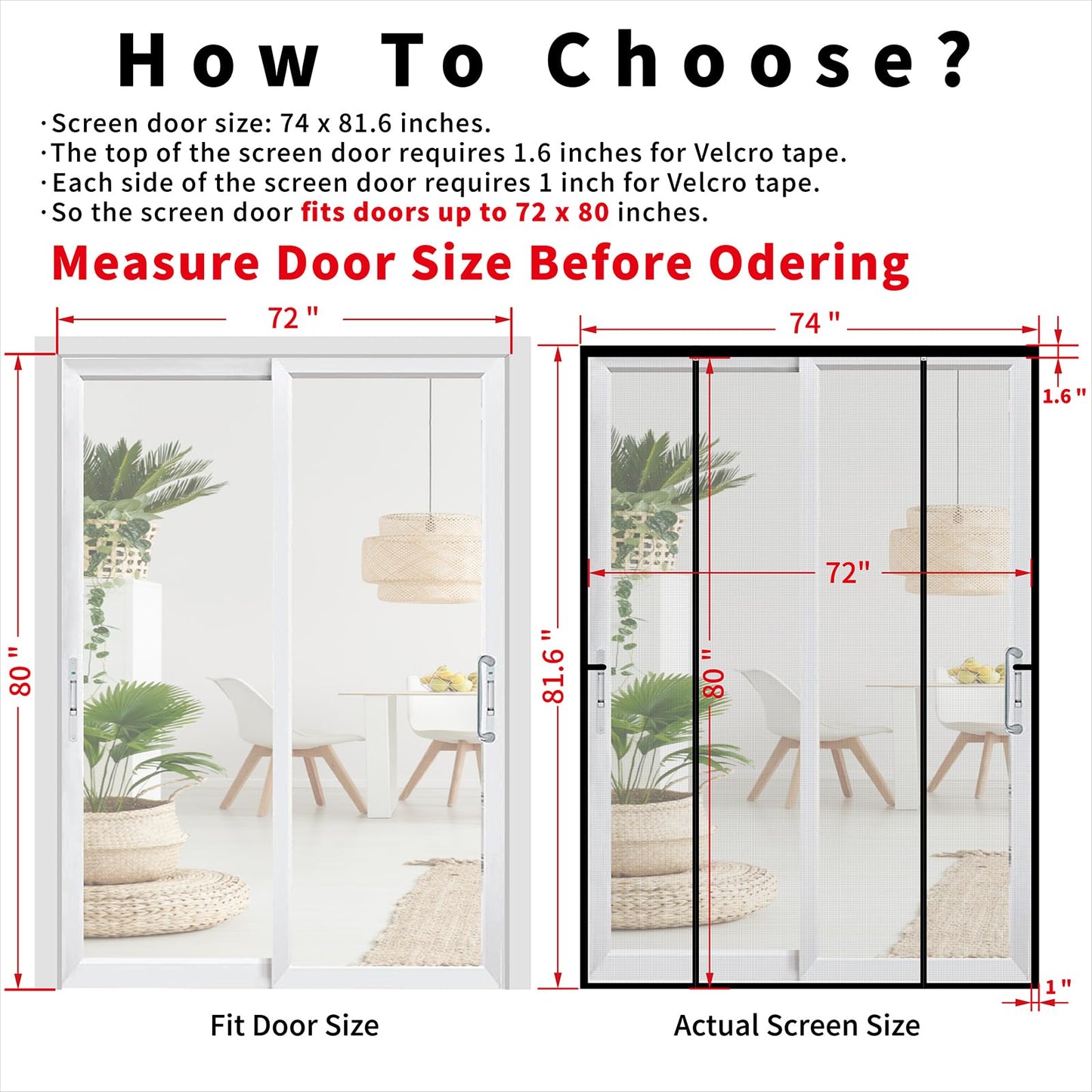 CHIYUNS Double Door Mesh Screen Magnetic Closure Heavy Duty for Sliding Door 72" x 80" Extra Long Magnet Bug Screens for French Doors, Self Closing Fiberglass Mosquito Net for Doorway, Keep Bugs Out