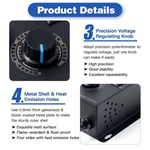 HARMNEE AC Motor Speed Controller 110-120V / 10A Rated / 15A Max, AC Electronic Voltage Regulator with Black-Coated Matt Metal Shell & Voltage LED Display Screen
