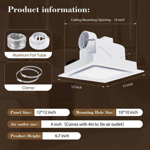 12" Panel Bathroom Exhaust Fan with Light, Mounting Opening 10x10", 141CFM Bathroom Fan Light Combo, Ultra Quiet 1.0 Sone Exhaust Fan with LED Light, Ventilation Fan for Home/Office 6500K Non-dimmable