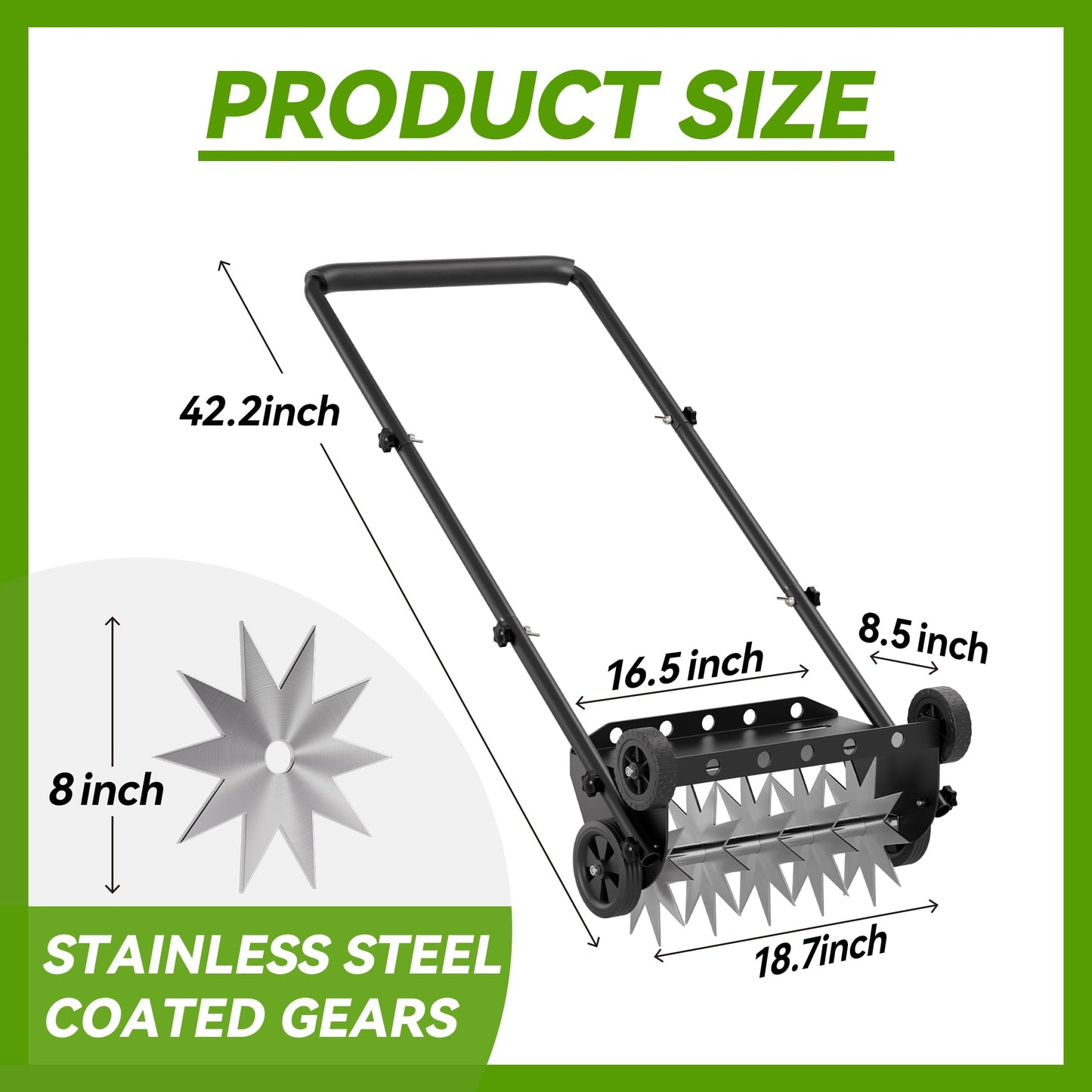 Lineware 18-Inch Lawn Aerator,Heavy Duty Push Spike Aerator with 4 Wheels,Aerator Lawn Tool with Steel Handle, Manual Aerator Lawn Tool with Foam Armrests, Suitable for Lawn, Garden and Yard