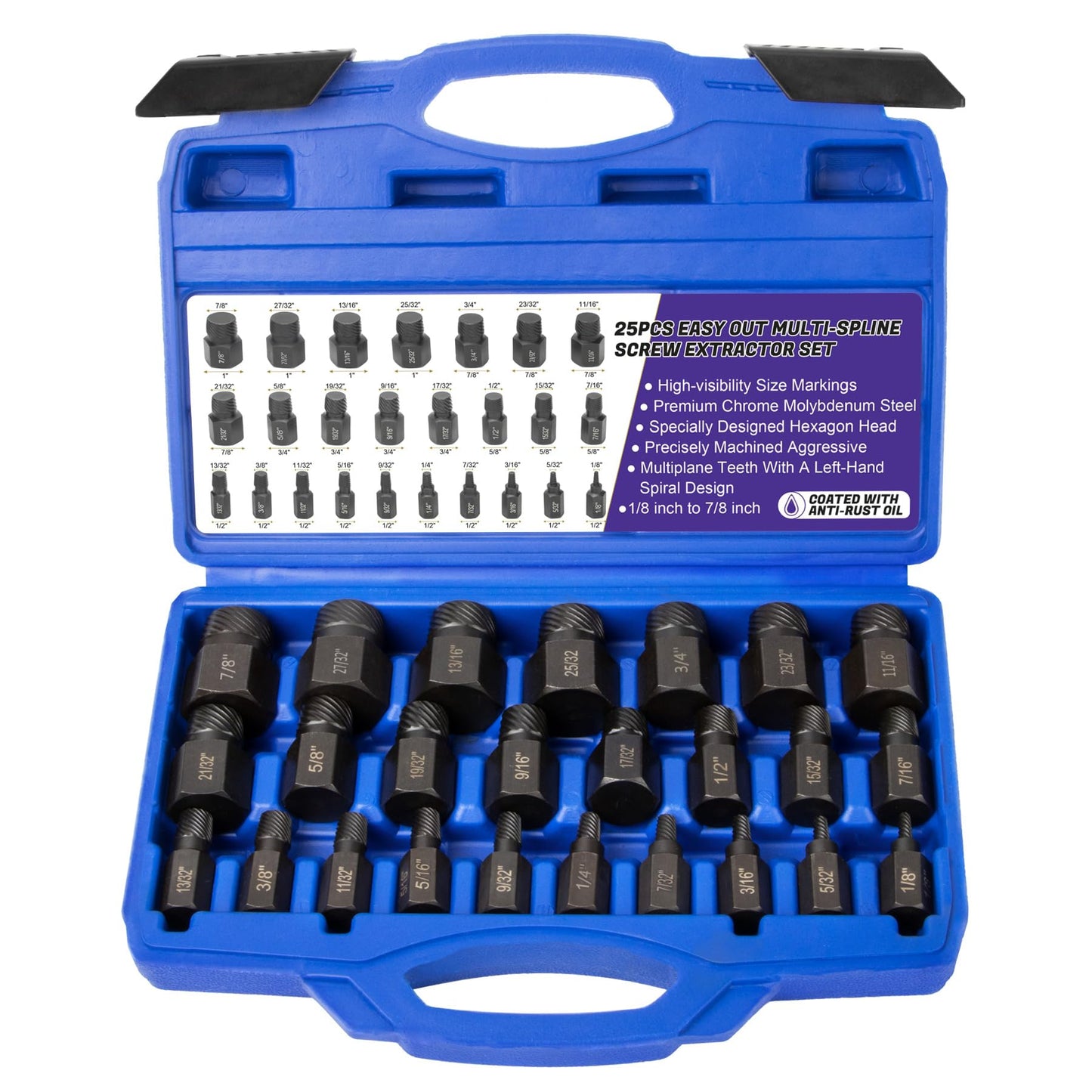 LLNDEI Screw Extractor Set Hex Head Multi-Spline Easy Out Bolt Extractor Set, EZ Out Rounded Screw Remover, 1/8 Inch to 7/8 Inch in 1/32-Inch Increments, CR-MO, 25 Pieces, Stripped Fastener Tool