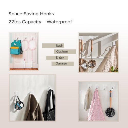 Adhesive Wall Hooks for Hanging Heavy Duty 22 lbs Hooks-10 Pack, No Drill Wall Hooks for Bathroom & Kitchen, Removable & Rustproof for Bathroom, Kitchen, and Outdoor Use