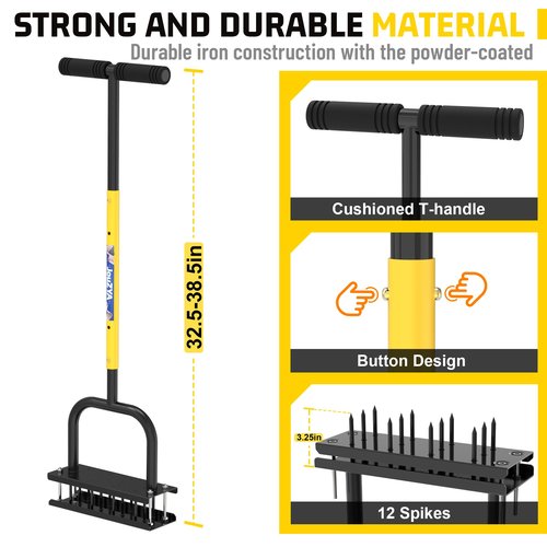 JouZYA Lawn Aerator Tool, Lawn Aerator with 12 Spikes, Automatic Leaf and Dirt Cleaning with Spring-Loaded Design, Metal Manual Aerator for Loosening Soil Aerating Patio, Yard, Garden