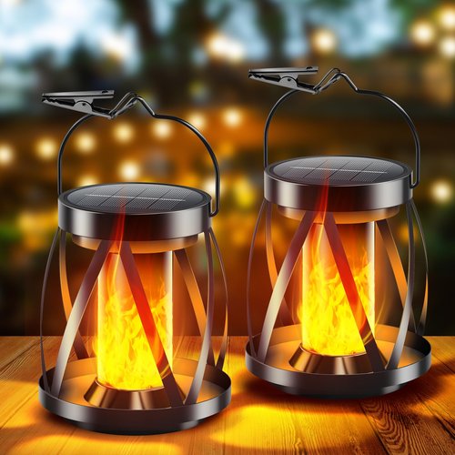 Garpar Solar Flickering Flame Lanterns Outdoor Waterproof - Upgraded Brighter Metal Hanging Solar Lights Outdoor, 2 Lighting Modes - Auto On/Off Outdoor Lights for Yard Porch Patio Garden Decor
