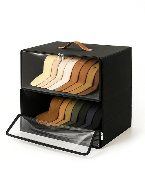 Beveetio 2 Pack Front-Opening Hat Organizer for Baseball Caps, Stackable Rigid Hat Storage Box with Clear Window, Space Saving Baseball Cap Organizer Holder for Closet, Holds Up to 30 PCS