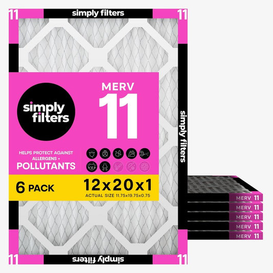 Simply 12x20x1 Air Filter, Merv 11, 6 Pack, For Home AC Furnace & HVAC (Actual Size: 11.75"x19.75"x0.75") DUST, Pet, & Allergy Control