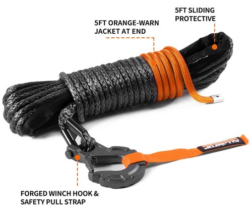 ALL-TOP Synthetic Winch Rope w/Hook & Isolator, 1/4in x 50ft, 9500Lbs UHMWPE Cable Replace Kit, Forged Hook & Rubber Stopper & Safety Pull Strap