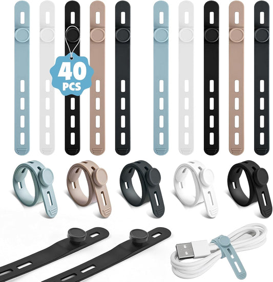 Reusable Silicone Cable Ties (40 Pack, 5 Colors) - Cord Organizers for Home, Office & Travel