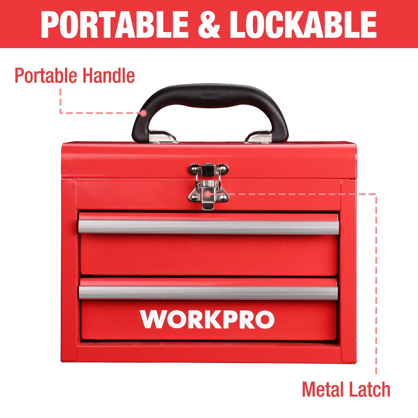 WORKPRO Portable Mini Tool Box, 2 Drawers Metal Tool Chest with Ball Bearing Slides, Top Storage and Lockable Latches, Ergonomic Carrying Handle, Mechanic Toolbox with PVC Liners and PP Feet Pads