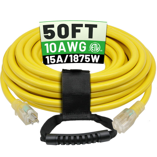 POWGRN 50 Ft 10/3 Outdoor Extension Cord Waterproof Heavy Duty 10 Gauge 3 Prong, Flexible Cold-Resistant Long Power Cord Outside with Lighted Indicator End, 15Amp 1875W SJTW Yellow ETL Listed