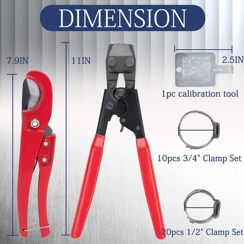 Pex Pipe Crimping Tool Kit with 20pcs 1/2", 10pcs 3/4" Clamps,Pipe Fitting Tool Kit Pex Crimping Clamp Cinch Tool Meets ASTM 2098 for Stainless Steel Clamps Sizes from 3/8" to 1" With Storage Bag