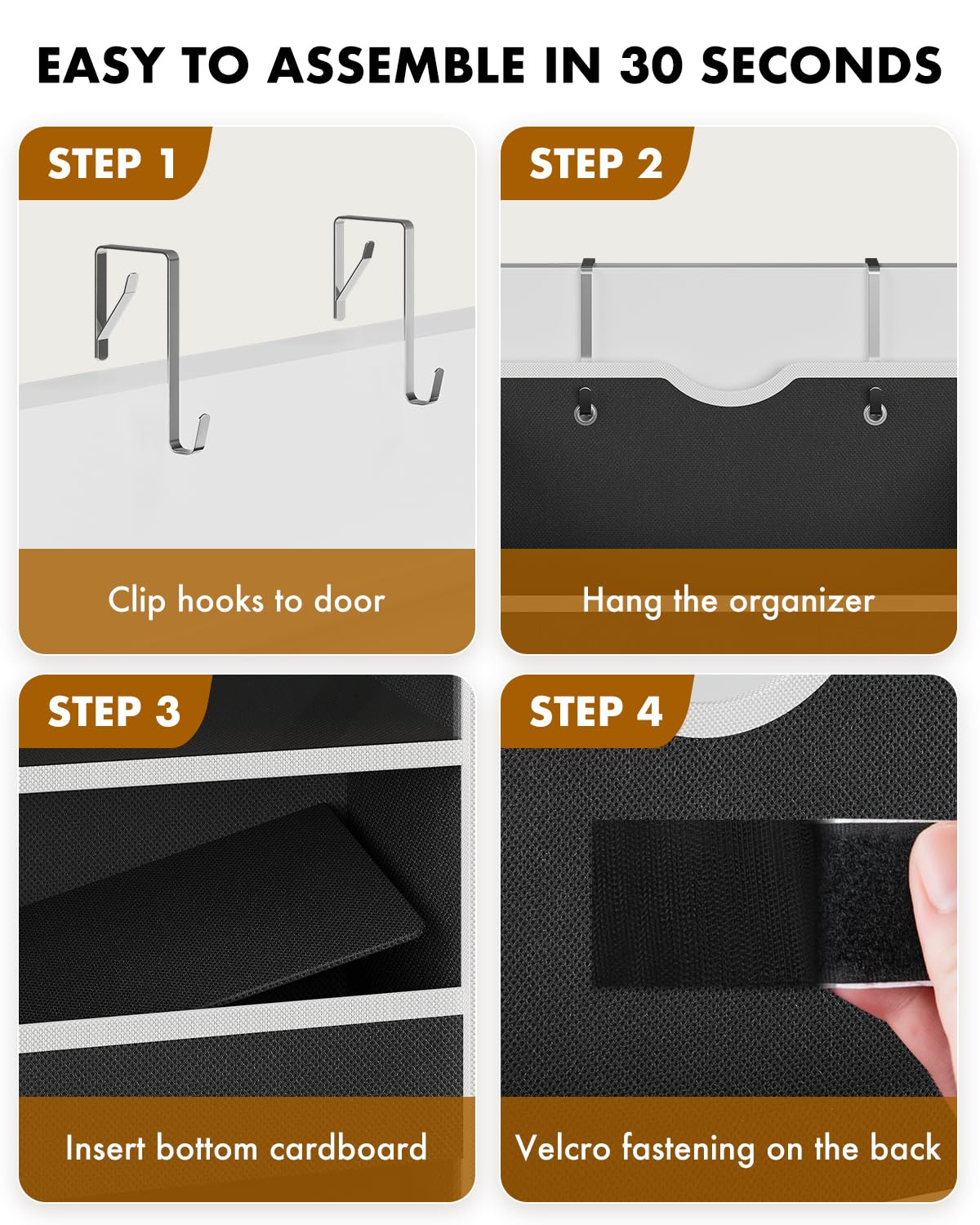 GGUO Over The Door Organizer Hanging - 6 Shelf Over Door Organizer with 6 Clear Front & 12 Side Pockets - 50LB Load Behind Storage for Closet Bedroom Bathroom Nursery Baby Essentials(Black)