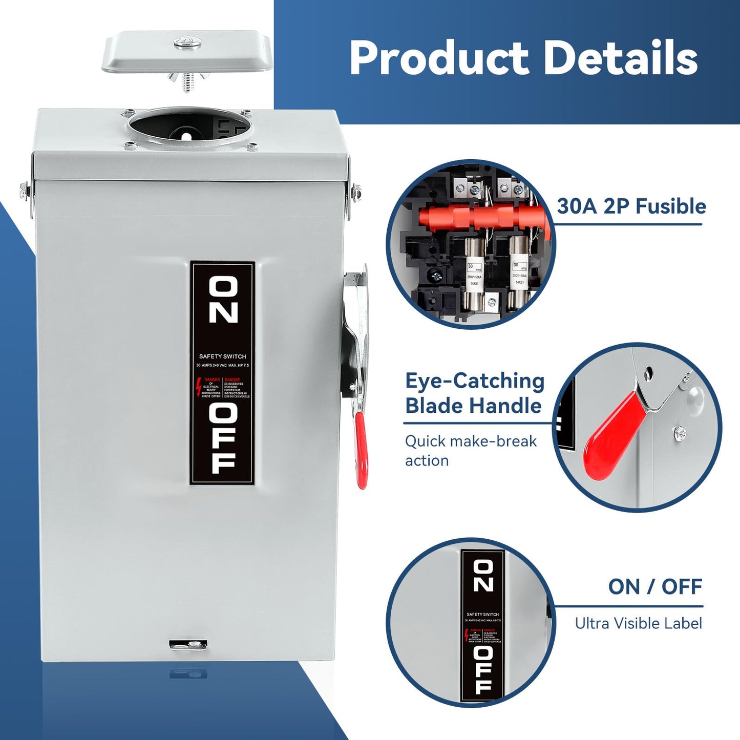 30 Amp Disconnect Box, 2 Pole Fusible Safety Switch, 110/240V, Heavy Duty Metal Structure, Reserved Knout-Outs Design, NEMA 3R Enclosure for Outdoor, 10-Year Warranty, Ideal for Commercial Application