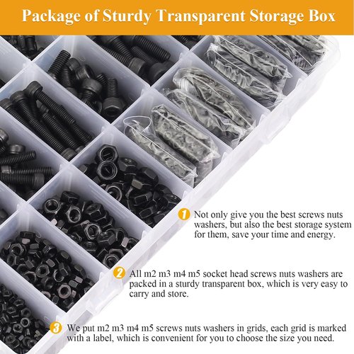 Sutemribor 2180 Pieces Black M2 M3 M4 M5 Hex Socket Head Cap Screws Nuts Washers Assortment Kit, Metric Screw Assortment with Hex Wrenches, 12.9 Grade Alloy Steel, Fully Threaded
