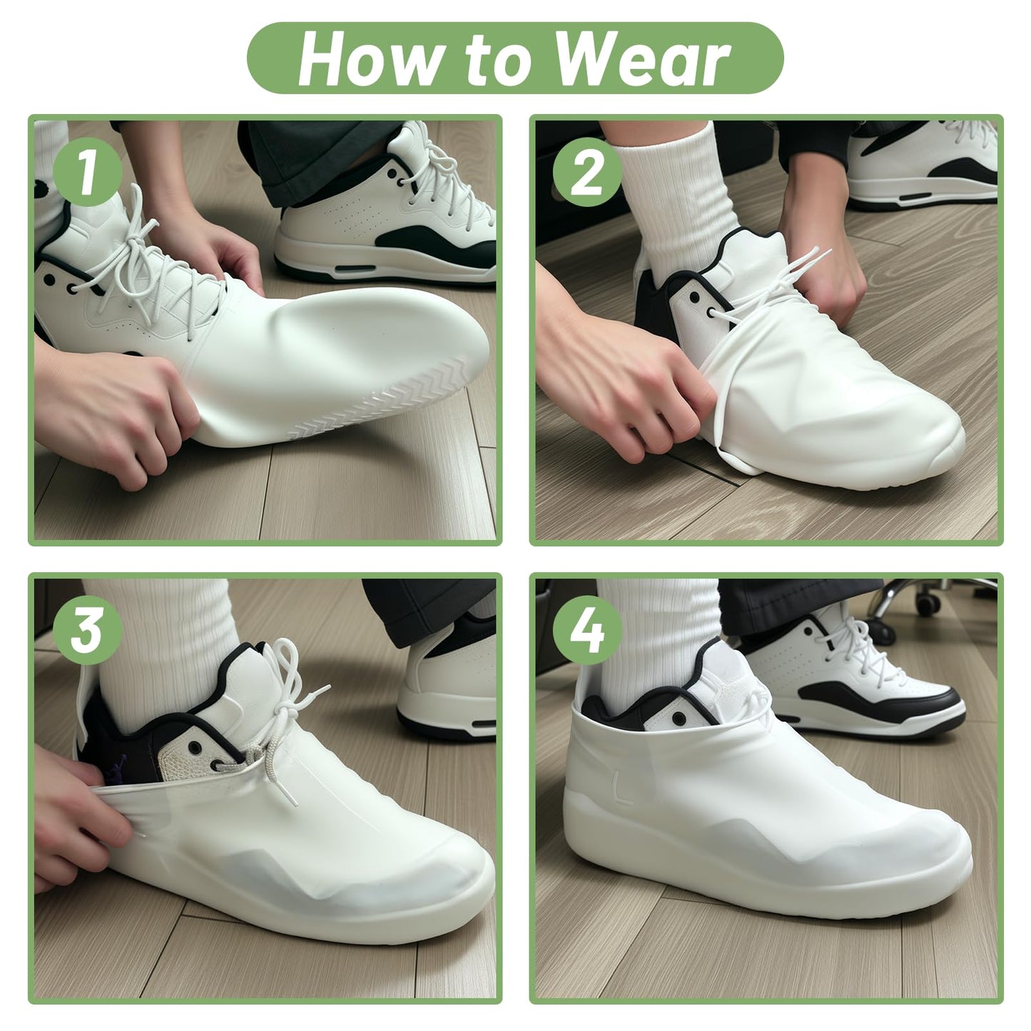 2 Pairs Shoe Covers for Rain with Storage Bag, Reusable Silicone waterproof shoe covers for Men & Women, Elastic Rain Shoe Covers for Rain, Mud, Outdoor, Garden - White (Large)