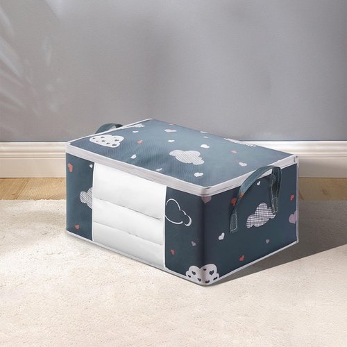 1 Extra Large Storage Bag for Blankets Clothes Comforters with Handles Clear Window Space Saving Foldable Non Woven Fabric 21.7x13.8x9.8in Deep Blue