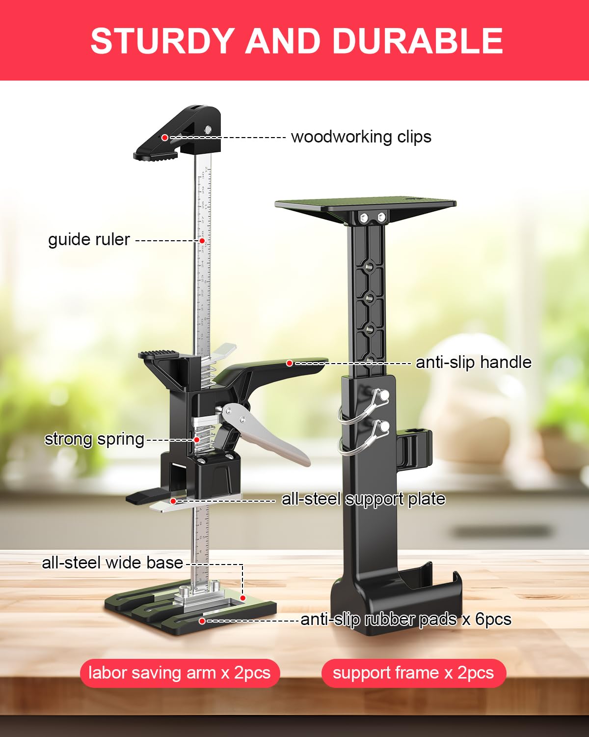 Kolvoii Cabinet Jacks for Installing Cabinets 2 Pack, Hand Lifting Jack Tool Multi-Function 0 to 23.4 Inches Drywall Lift Height Adjustment Third Hand Support System