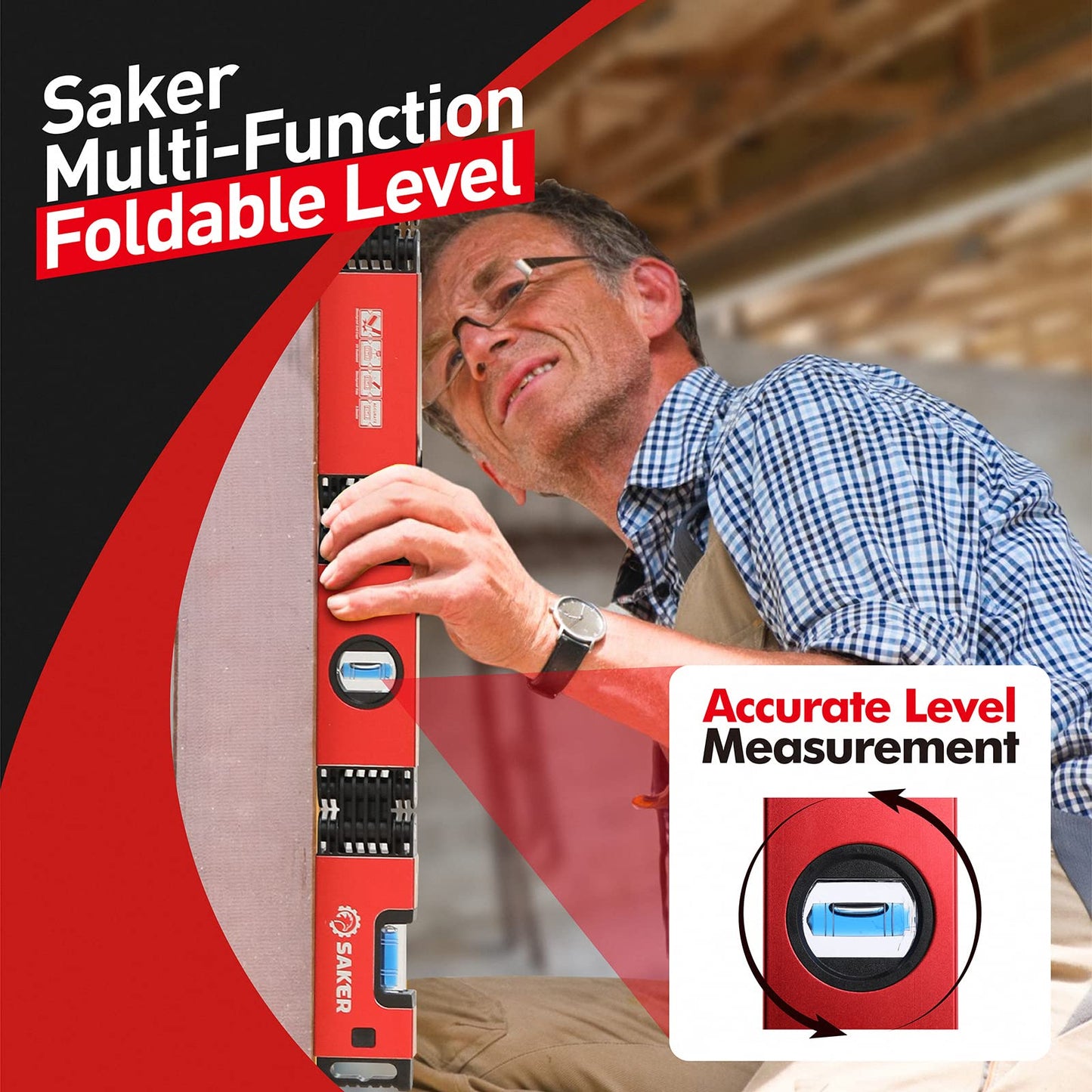 Saker Multi-function Foldable Level, 28-Inch Leveler Tool,Gifts for Men,Multi-Angle Measurement Woodworking Tools,Precise Leveling In Any Position,Folding Level Tool To Save Your Precious Time