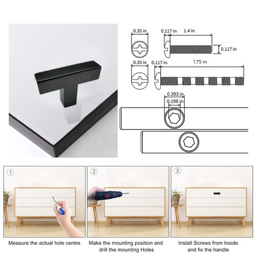 Redunest Hardware Handle, 2 Pack Square T-Shaped Cabinet Pulls, Matte Black, Stainless Steel, 1.9 inches, Cupboard Cabinets Drawer Knobs