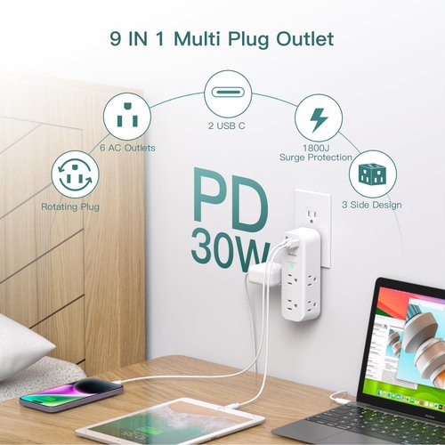 PD 30W Outlet Extender Surge Protector - with Rotating Plug, 6 AC Outlets Splitter 3 USB Ports (2 USB C), 1800J, 3-Side Power Strip Wall Mount, Multi Plug Outlet for College Dorm Travel Essentials