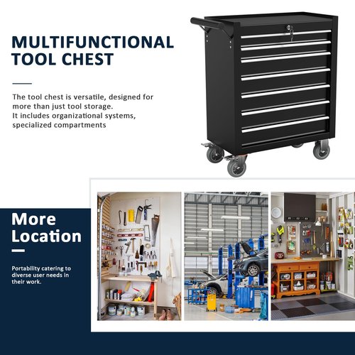 OAKANDO 7-Drawer Metal Rolling Tool Chest with Wheels,Tool Storage Cabinet with Locking System，Toolbox with Wheels for Garage,Workshop, Repair Shop(Black, 7-Drawer)
