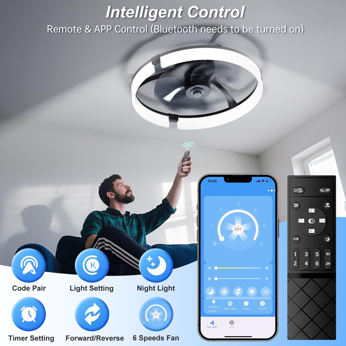 DUSFAN 20" Ceiling Fans with Lights and Remote, 3000K-6500K Dimmable Flush Mount, 6 Speed Quiet Reversible Motor, APP & Remote Control, Low Profile Fandelier for Bedroom, Kitchen, Living Room