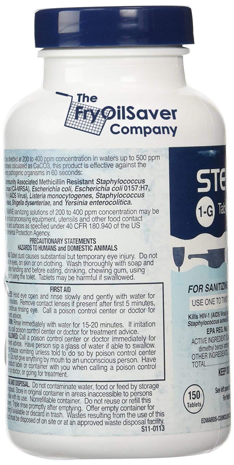 1 Bottle Steramine Sanitizer Tablets w/15x QT-10 Test Strips - Multi Purpose Steramine Sanitizing Tablets for Food Contact Surface, Kitchen, Restaurant & Commercial Use by FryOilSaver (150 Count)