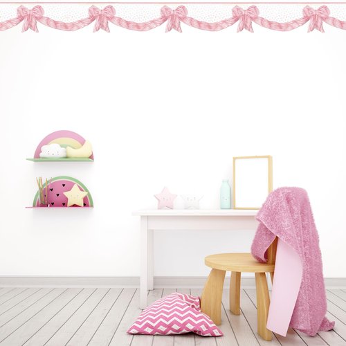 TRIMZ Wallpaper Border – Sweet Nursery Ribbon Bows with Scalloped Pink Trim Design, Baby Girl Nursery & Bedroom Wall Decor, Pre-Pasted,15 ft x 9 in