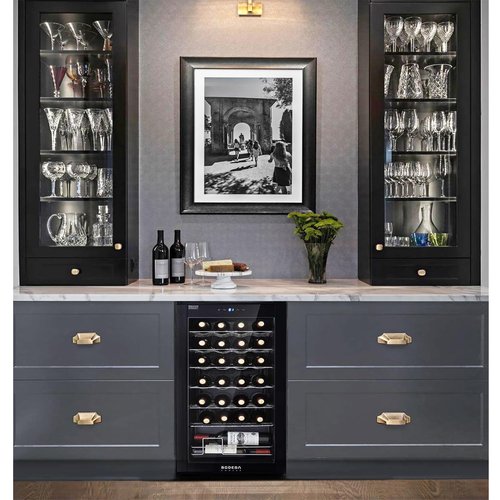 BODEGACOOLER 28 Bottle Compressor Wine Cooler for Home and Kitchen, Freestanding Mini Fridge with Digital Touchscreen, LED Display,Split Storage for Red & White Wines,Matte Black Refrigerator Home Bar