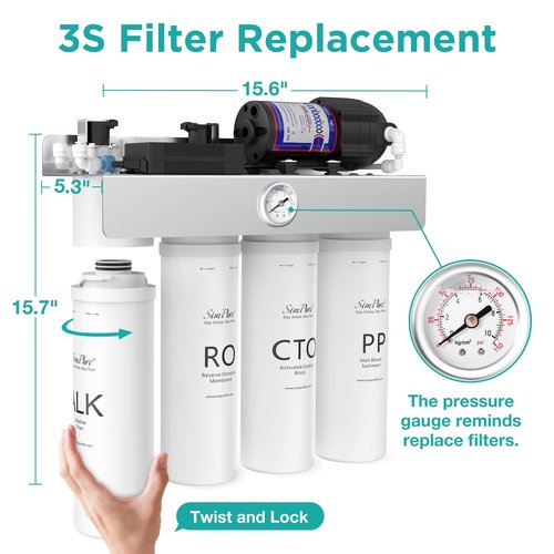 SimPure T1-400ALK Alkaline UV Reverse Osmosis System, NSF/ANSI 58 Certified, Tankless RO Water Filter System 400 GPD, pH+ Remineralization Water Filtration Under Sink, BPA Free, Built-in Pump