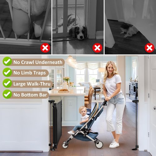 GRENFU 28" Tall No Drill Baby Gate No Bottom Bar, Sliding Dog Gate for Stairs No Drilling Expandable Baby Gate with Dual-Opening Walk Thru Door, 32-55" Adjustable Width & Angle Mesh Pet Gate, Black