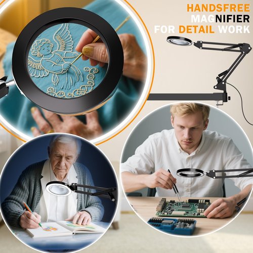 10X Magnifying Glass with Light and Clamp, Hands Free Magnifier with Lights, 3 Color Modes LED Dimmable Magnifiers Desk Lamp for Close Work Crafts Hobby Reading Painting Repair