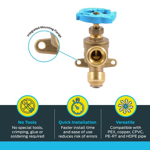 SharkBite 1/2 Inch x 3/4 Inch MHT Garden Valve, Multi Turn, Push to Connect Brass Plumbing Fitting, PEX Pipe, Copper, CPVC, PE-RT, HDPE, 24622LF