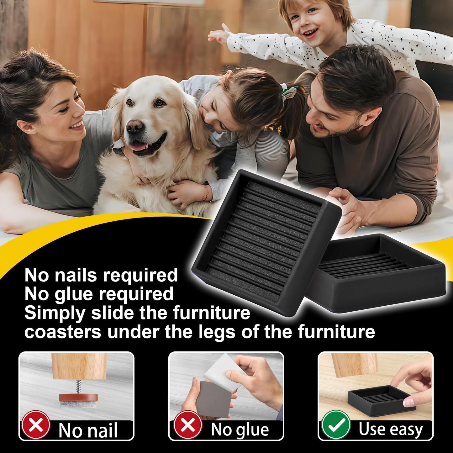 xxxHOLIC Non Slip Furniture Pads for Hardwood Floors, 2 * 2 Inch Black, Set of 4, Rubber Bed Stoppers to Prevent Sliding, Furniture Coasters for Protecting Floors from Scratches and Reduce Noise