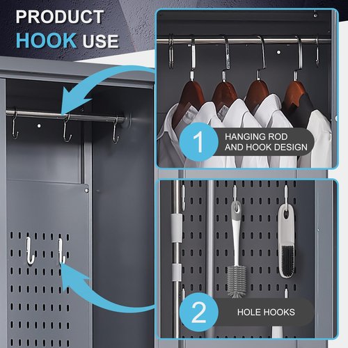 LUCYPAL Metal Broom Storage Cabinet with Shelves and Lock,Broom Closet Storage Cabinet with Hanging Rods for Mops,65" H Cleaning Tool Storage Cabinet for Utility Room,Garage,Laundry Room,Grey