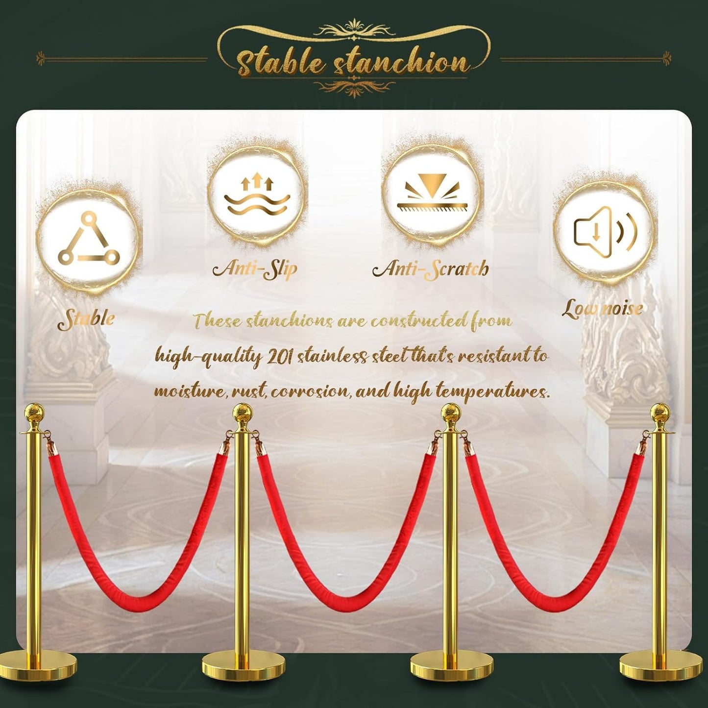 SuiROYI 4 Pcs Gold Stanchions with Velvet Ropes with 3 Pcs 5 Ft Red Velvet Ropes Carpet Ropes Posts Stanchion Set for Crowd Control Barriers for Weddings, Events, Hotels, and Party Decor