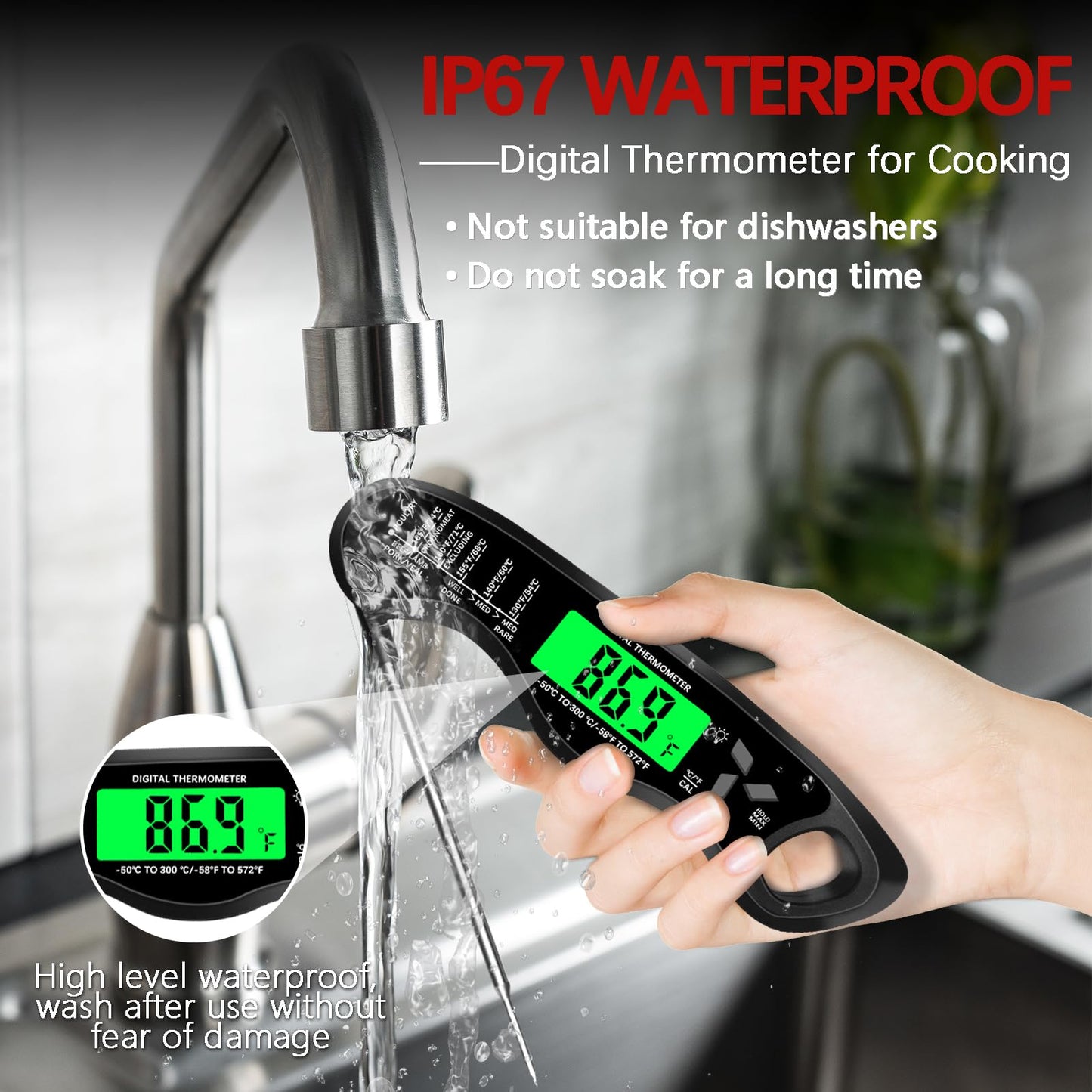 Meat Thermometer Digital，IP67 Waterproof Cooking Thermometer with Backlight, Calibration & Hold Function，Food Thermometer for Cooking,Outdoor Grilling