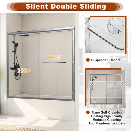 Osparple Shower Door 56-60" W x 58" H Semi-Frameless Double Sliding Tub Shower Doors Glass Shower Door with 1/4" (6mm) Clear SGCC Tempered Glass, Towel Rail and Auxiliary Handle, Chrome