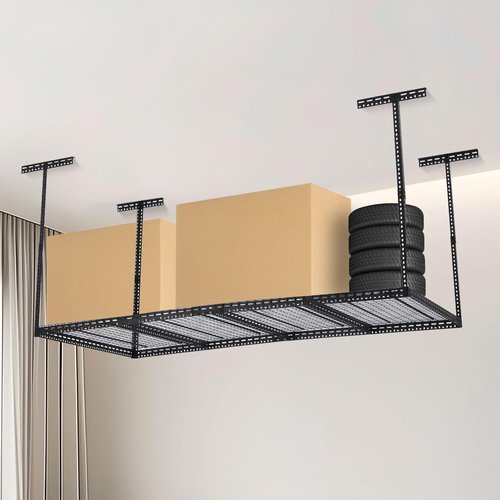 JustSmart Overhead Garage Storage Rack 4x6 FT, Steel Ceiling Shelves 330lb Capacity, Height Adjustable 22-40 Inches, Space-Saving for Attic Basement Shed (Black, 4 Posts)
