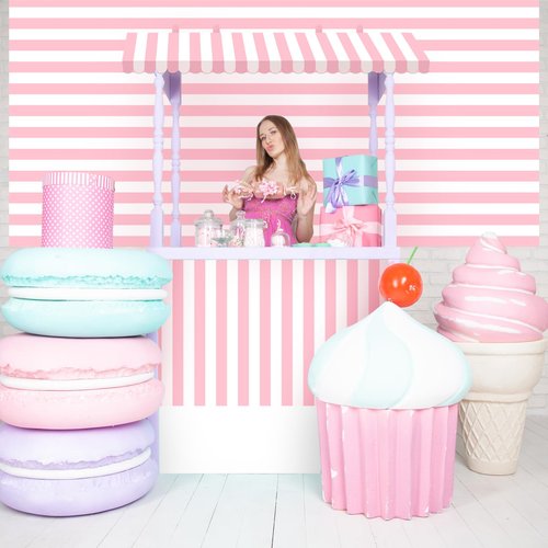 Boao 4 Pcs 3D Awning Wall Decorations Set for Ice Cream Truck Decor and Concession Stand Supplies 2 3D Awning Wall Decoration with 2 Tablecloths for Carnival Theme Party Room Decor(Pink)