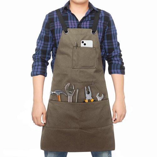 Dadidyc Adjustable Work Apron for Men,Heavy Duty Canvas Shop Apron Crossback with Tool Pockets (Brown)