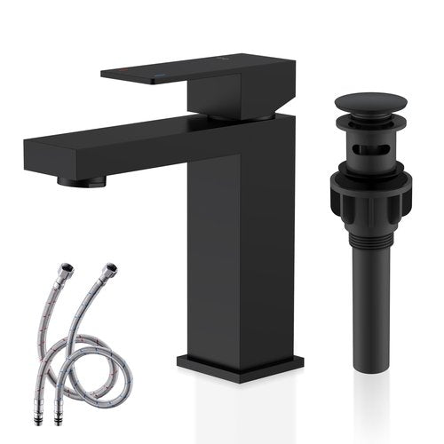 KENES Matte Black Single Handle Bathroom Sink Faucet, Stainless Steel Vanity Faucet for Bathroom Sink, with Pop Up Drain Stopper & Water Supply Hoses LJ-9031-2