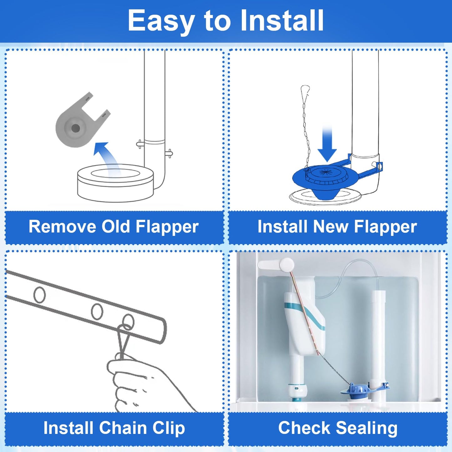 2-Inch Toilet Flapper Replacement Kit Compatible with Most Kohler, American Standard, TOTO & Standard 2″ Flush Valves, High Performance Rubber with Stainless Steel Chain, Easy Install (2 Pack, Blue)