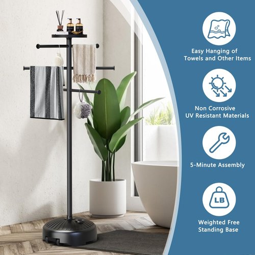 SkylarkJoy 63 Inch Pool Towel Rack with Wheels for Indoor Outdoor Use, Towel Holder with Storage Tray, 6 Adjustable Bars Hot Tub Accessories, Free Standing Towel Rack for Pool, Spa, Hot Tub