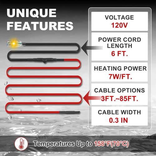 MAXKOSKO 7 Feet Pipe Heat Cable for Water Pipe Freeze Protection, Heat Tape with Thermostat for Metal And Plastic Home Supply Pipes, Electric Pipe Heating Trace System 120 V
