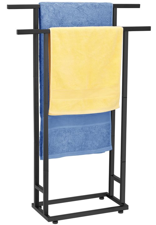 Standing Towel Racks for Bathroom, 2 Tier Bathroom Floor Free Standing Towel Rack, Tall Enough Pool Bath Drying and Dispaly Outdoor Stand for Storage, Black Freestanding Blanket Holder, ALHAKIN