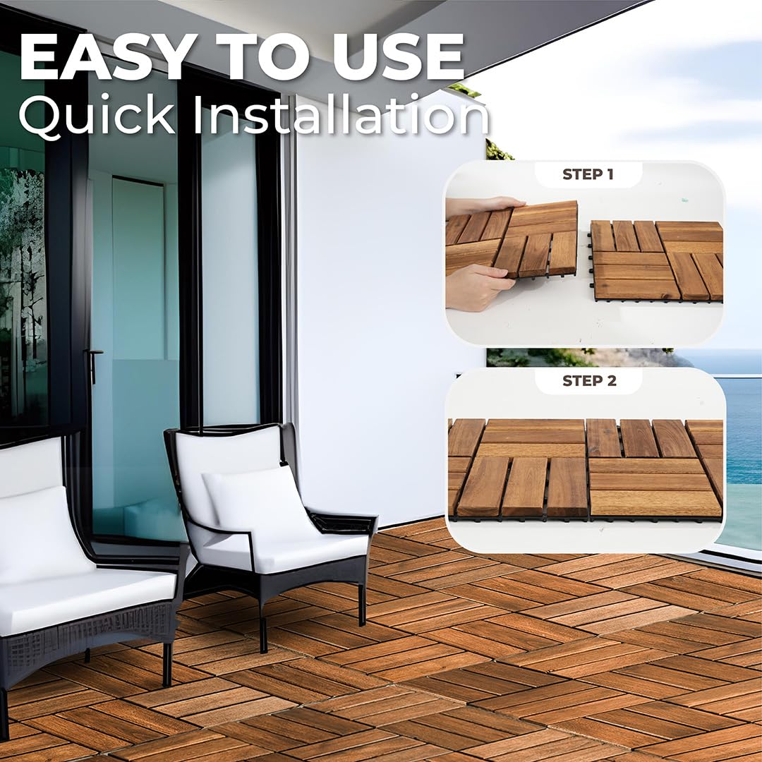 AN68 Premium Acacia Wood Interlocking Deck Tiles – Set of 9 pcs, 12"x12", Waterproof Outdoor Patio Flooring, Weather-Resistant Wooden Tiles for Balcony, Backyard, Indoor & Outdoor Use (Natural)